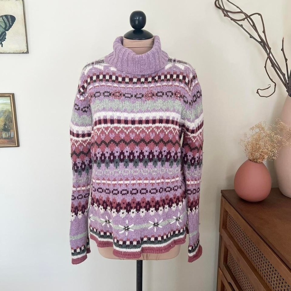 Vintage Fashion Bug Fair Isle Floral‎ Daisy Knit Turtleneck Y2K 90's